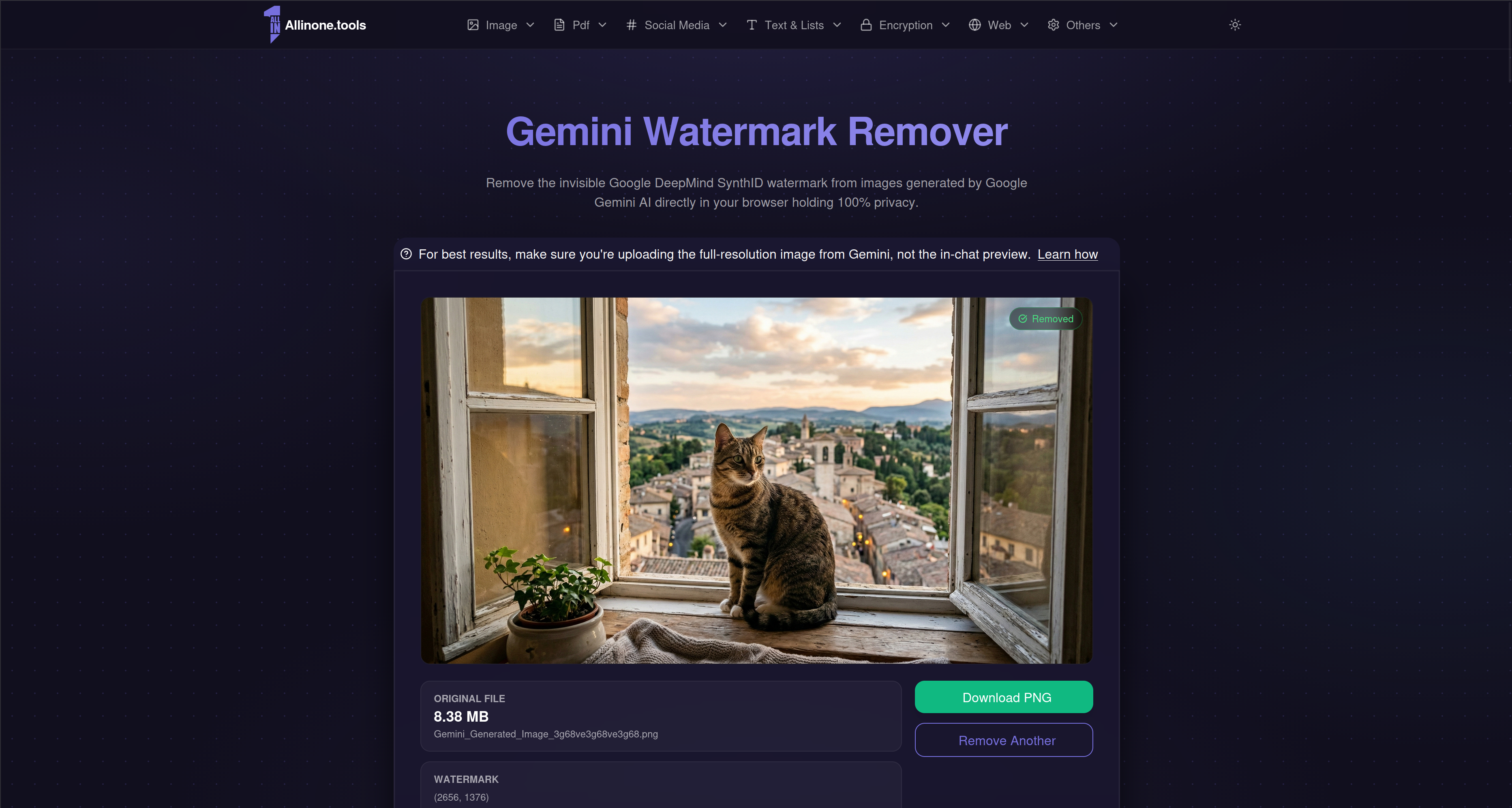 Screenshot of the allinone.tools upload interface with a Gemini image being dragged in