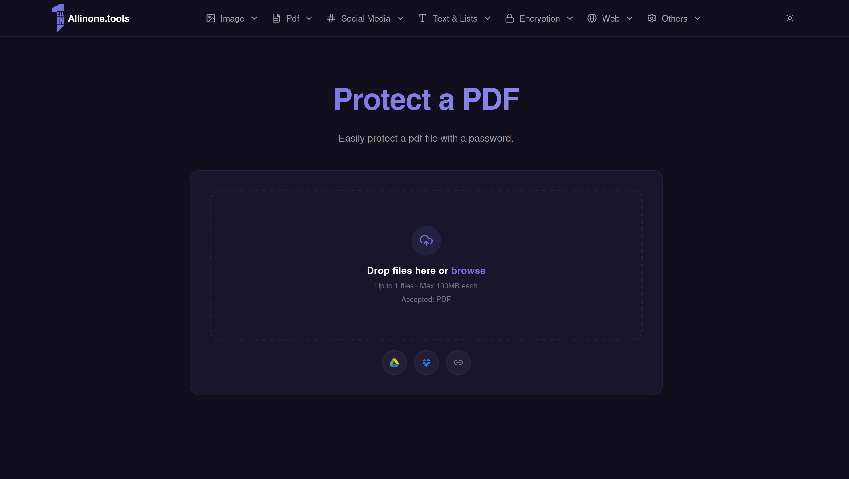 Screenshot of allinone.tools Protect PDF interface showing the three-step flow