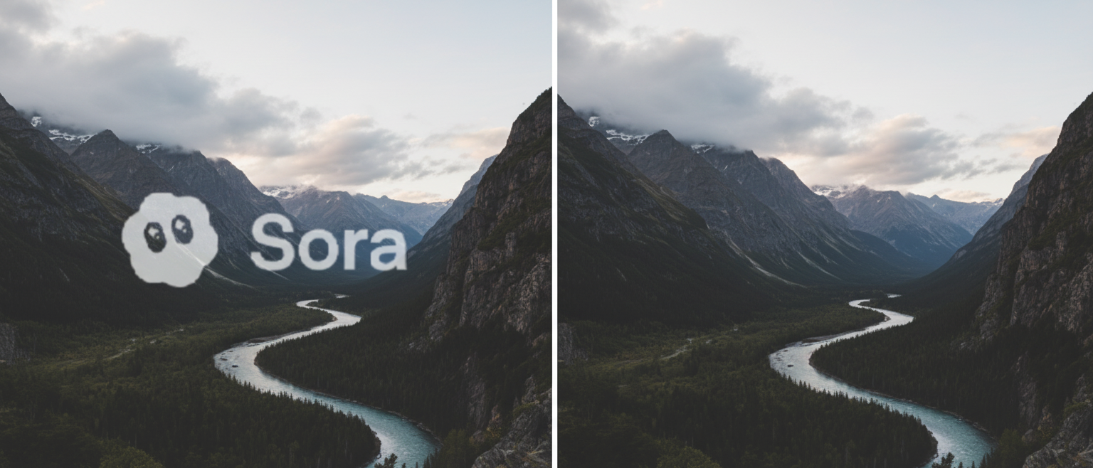 Side-by-side comparison showing a Sora video frame with and without the visible watermark